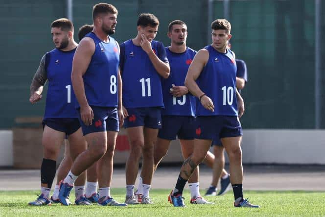 Players of the XV of France training, Monday, September 18, 2023, in Aix-en-Provence (Bouches-du-Rhône). 