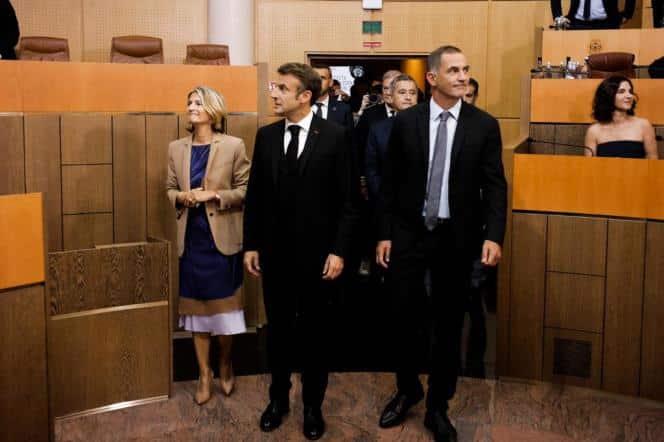 Emmanuel Macron is received by the president of the Corsican Assembly, Marie Antoinette Maupertuis (left) and by the president of the executive council of Corsica, Gilles Simeoni (right), in Ajaccio, on September 28, 2023.