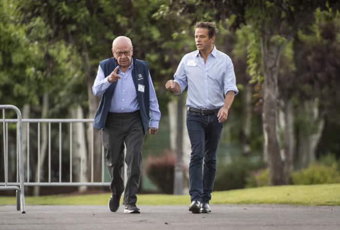 Rupert Murdoch and Lachlan Murdoch arrive for a morning session at the Allen & Co. Technology and Media Conference in Sun Valley, Idaho, United States, on July 13, 2018.
